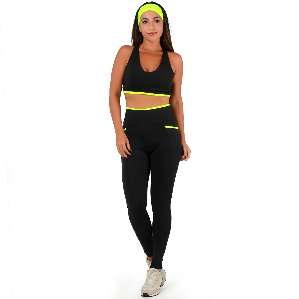 Conjunto Fitness feminino De Academia Top Alta Compressão E Calça Legging Com Bolsos Laterais — imagem 1