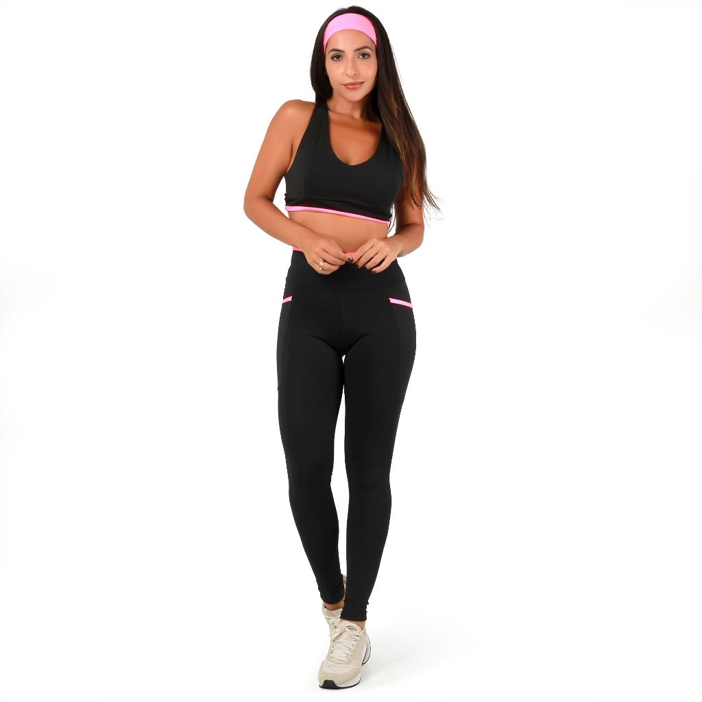 Conjunto Academia Feminino Fitness Calça Com Bolsos Laterais e Top Nadador Alta Compressão