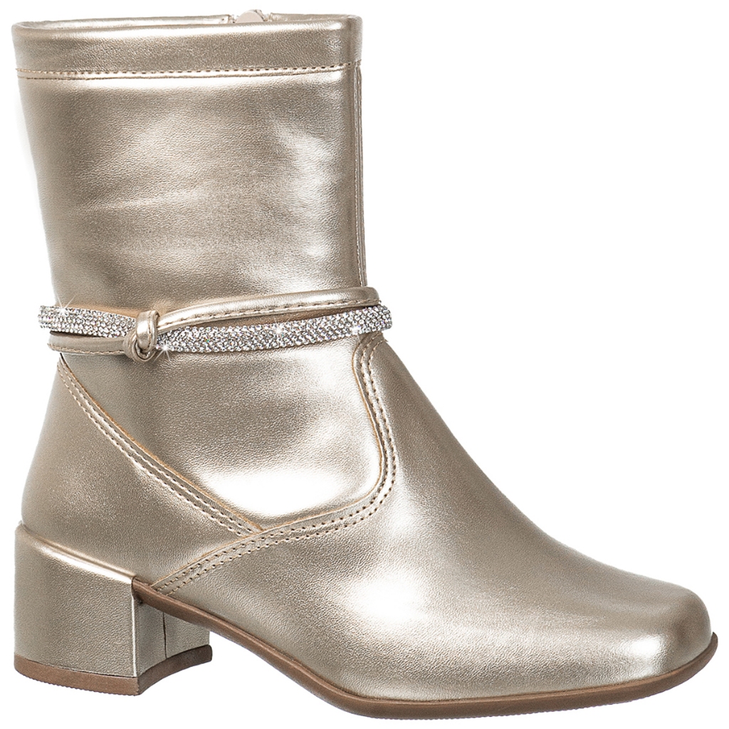 Bota Feminina Infantil GiGiL Teen Menina Saltinho Baixo Cano Curto Bico Quadrado Tira Strass Brilho Casual Confortável - Baby & Kids Fashion