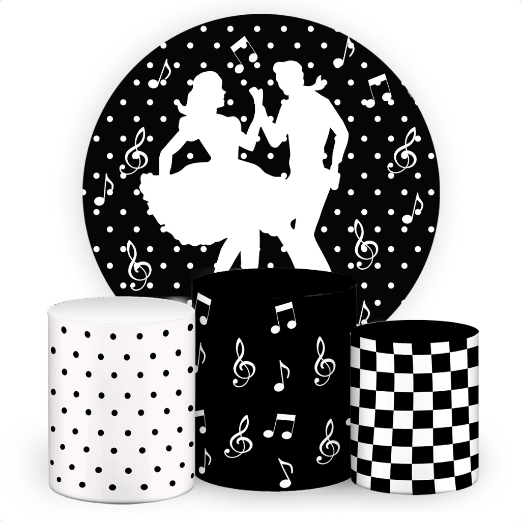 Kit Painel Redondo de Festa + Trio Capas de Cilindro Veste Fácil Tecido Anos 60 70 80 SKP-164