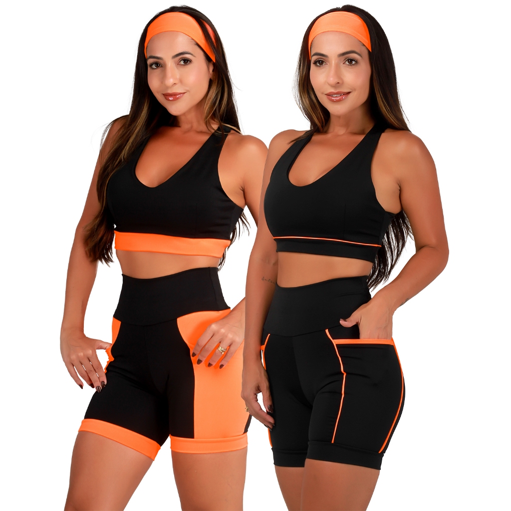 Kit 2 Conjuntos Fitness Feminino De Academia Top Compressão e Bermuda Cós Alto Com Bolsos Laterais