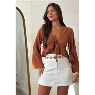 Blusa Cropped Feminina Amarração Frontal Decote Manga Flare Babado em Oferta na Shopee