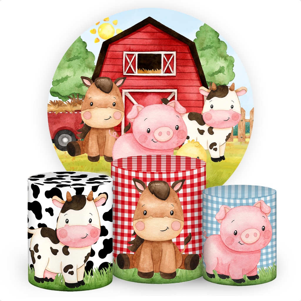 Kit Painel Redondo de Festa + Trio Capas de Cilindro Veste Fácil Tecido Fazendinha Animas SKP-195 em Oferta na Shopee