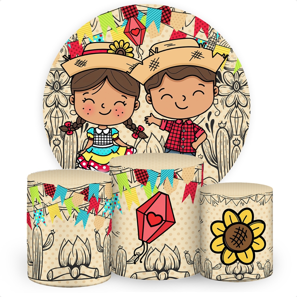Kit Painel Redondo de Festa Trio Capas de Cilindro Veste Fácil Tecido Festa Junina Arraiá SKP-246