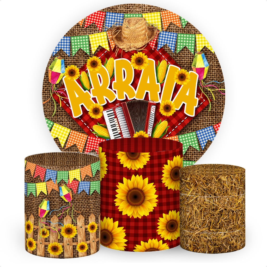 Kit Painel Redondo de Festa + Trio Capas de Cilindro Veste Fácil Tecido Festa Junina Arraiá SKP-208
