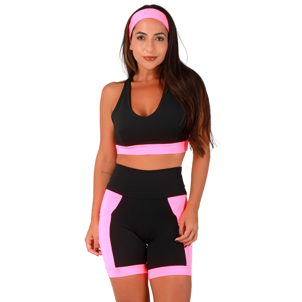 Conjunto Academia Feminino Fitness Top Compressão e Bermuda Cós Alto Com Bolsos Laterais Profundos