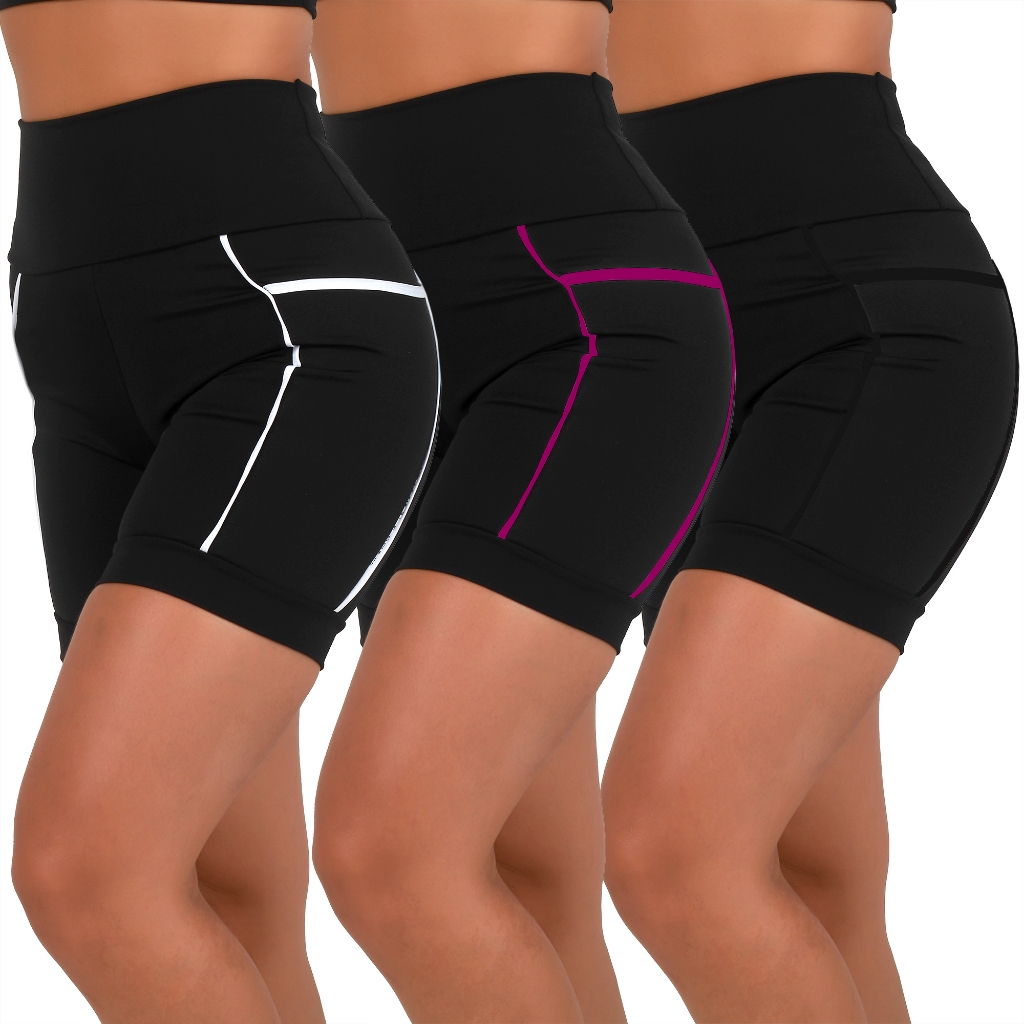 Kit 3 Bermudas Fitness Feminina Compressão Cós Alto Com Bolsos Laterais Zero Transparência