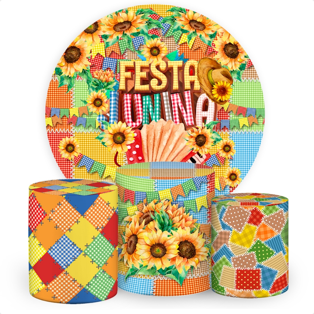 Kit Painel Redondo de Festa + Trio Capas de Cilindro Veste Fácil Tecido Festa Junina Arraiá SKP-254