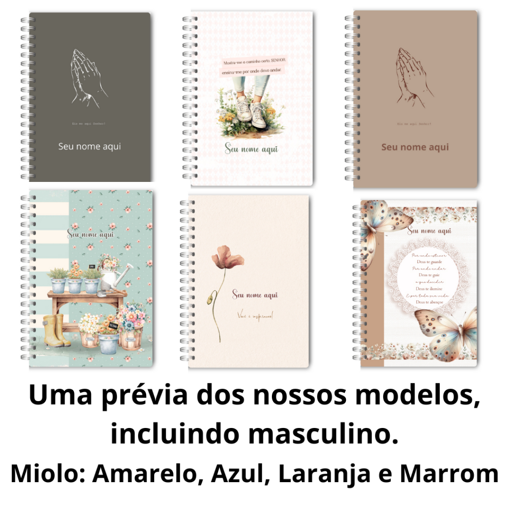 Caderno de Anotações Versículos - Você escolhe e monta sua capa e miolo - Miolo Azul, Amarelo, Laranja e Marrom