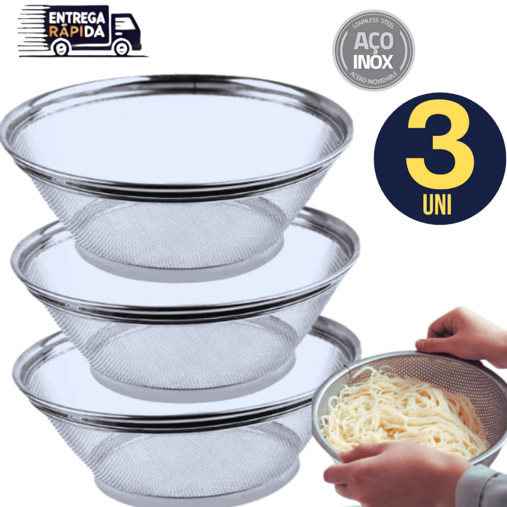 Conjunto Jogo 03 Cesto Cestos em Inox 22cm Qualidade Máxima Casa Cozinha Mesa Bar Variáveis Utilidades