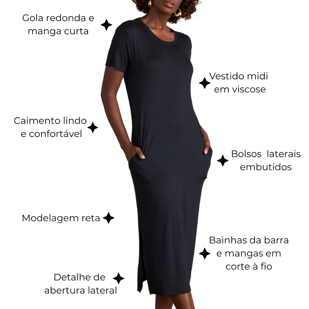 Vestido Midi manga curta em Viscose com Elastano KO3582-A