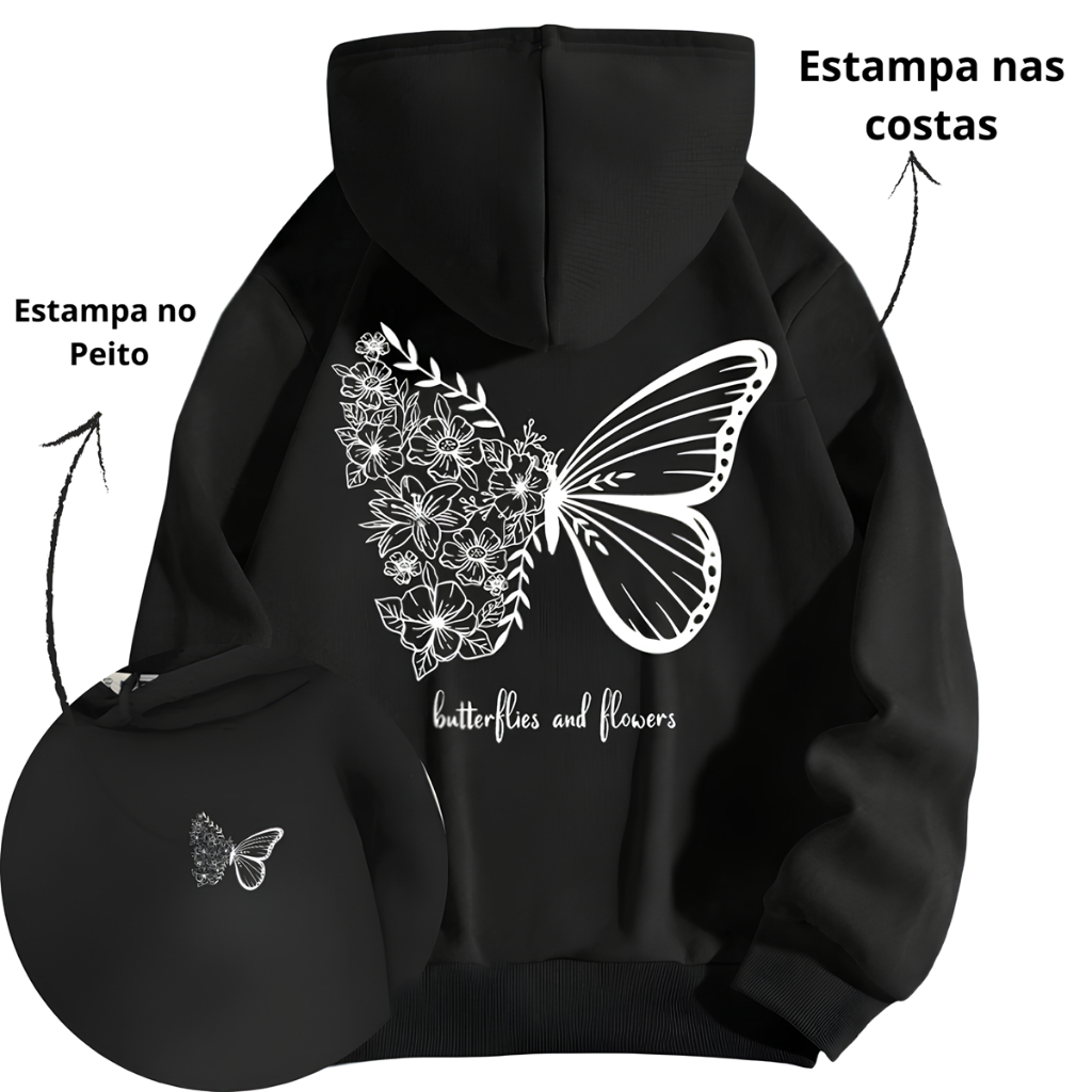 Moletom Inverno Canguru Capuz Flanelado Estampa Unissex Look Casual Estilo Urbano Algodão Borboleta em Oferta na Shopee