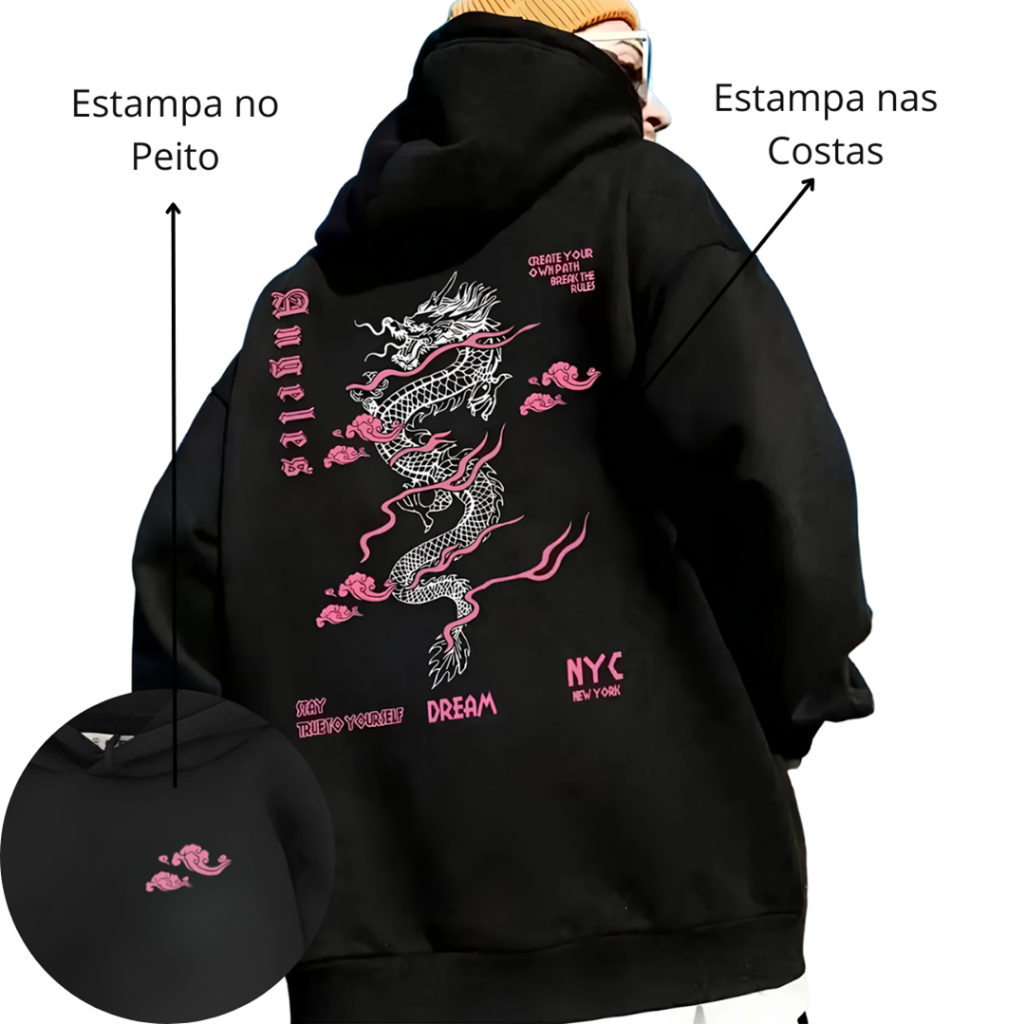 Moletom Unissex Canguru Capuz Estampado Inverno Flanelado Look Algodão Casual Quentinho Dragão em Oferta na Shopee