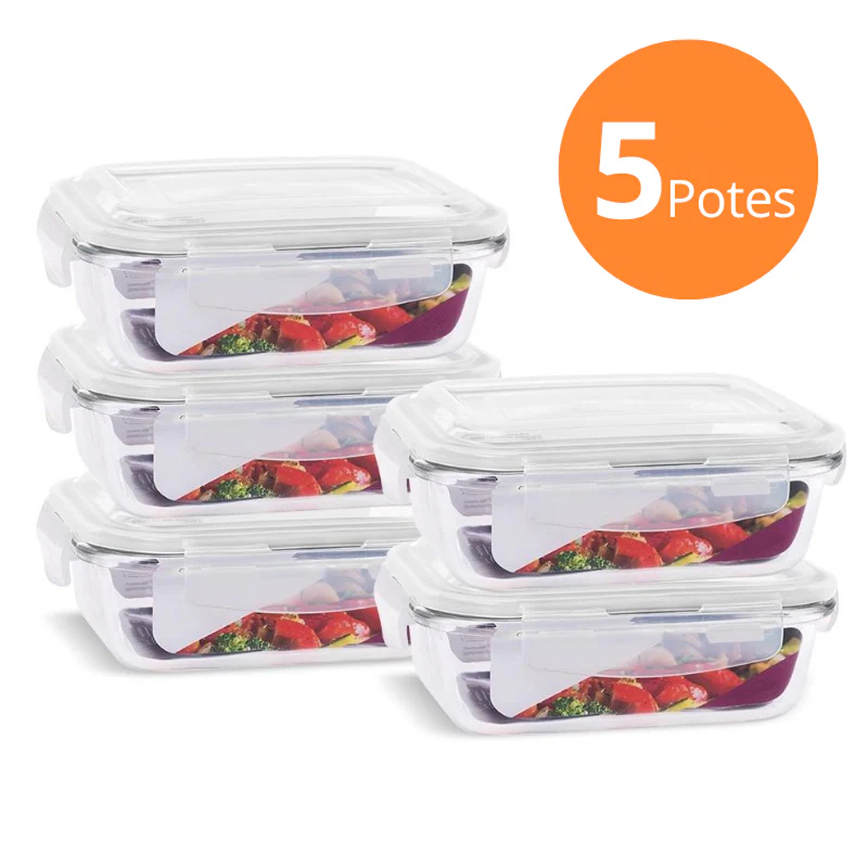 Conjunto 5 Potes Vidro Hermético Retangular com Tampa Mantimentos Marmita 640ml - Tuut