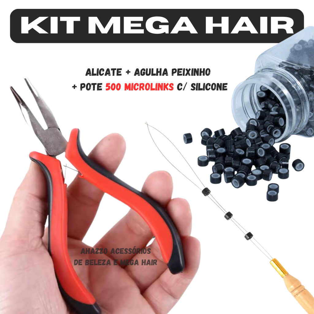 Kit Mega Hair Alicate + Agulha Peixinho + POTE 500 Microlinks C/ Silicone