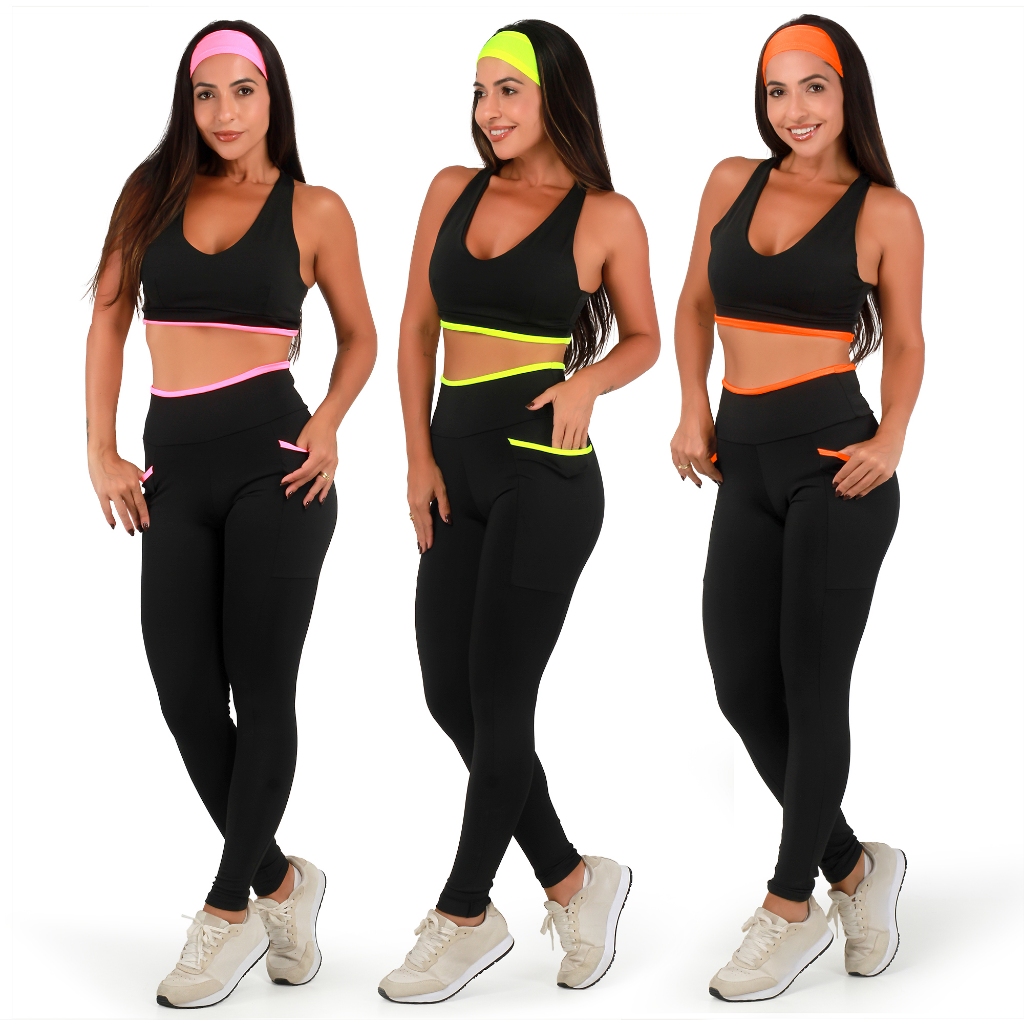 Kit 3 Conjunto Academia Feminino Fitness Top Compressão e Calça Legging Cós Alto Com Bolsos Laterais