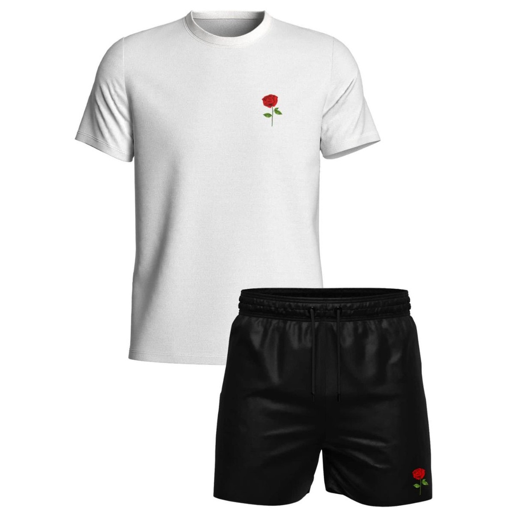 Conjunto Verão Short Moda Praia Tactel + Camiseta Estampada Flor