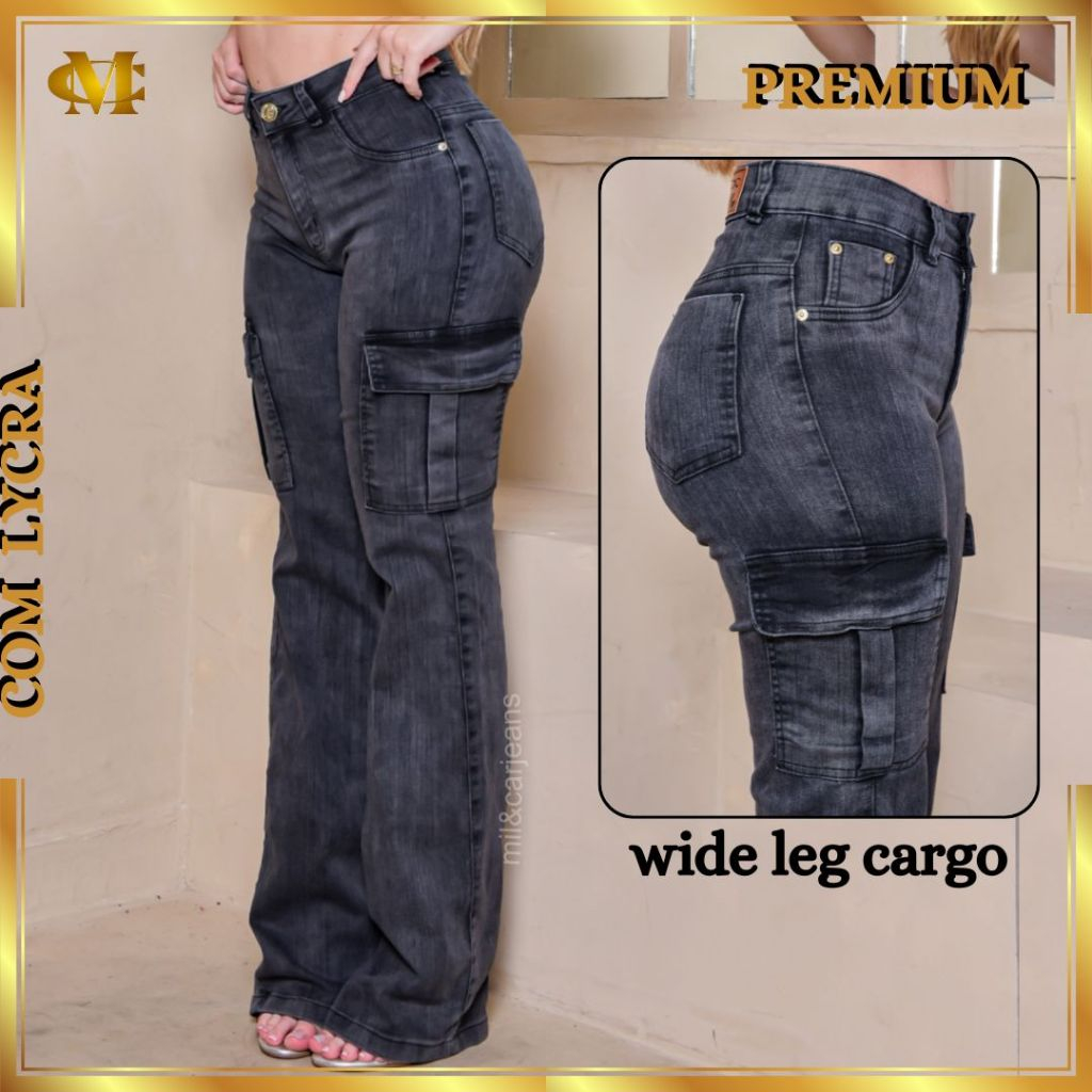 Calça Jeans feminina Wide Leg GRAFITE Marmorizada Pantalona boca larga cintura alta premium com LYCRA 36 ao 54 PLUS