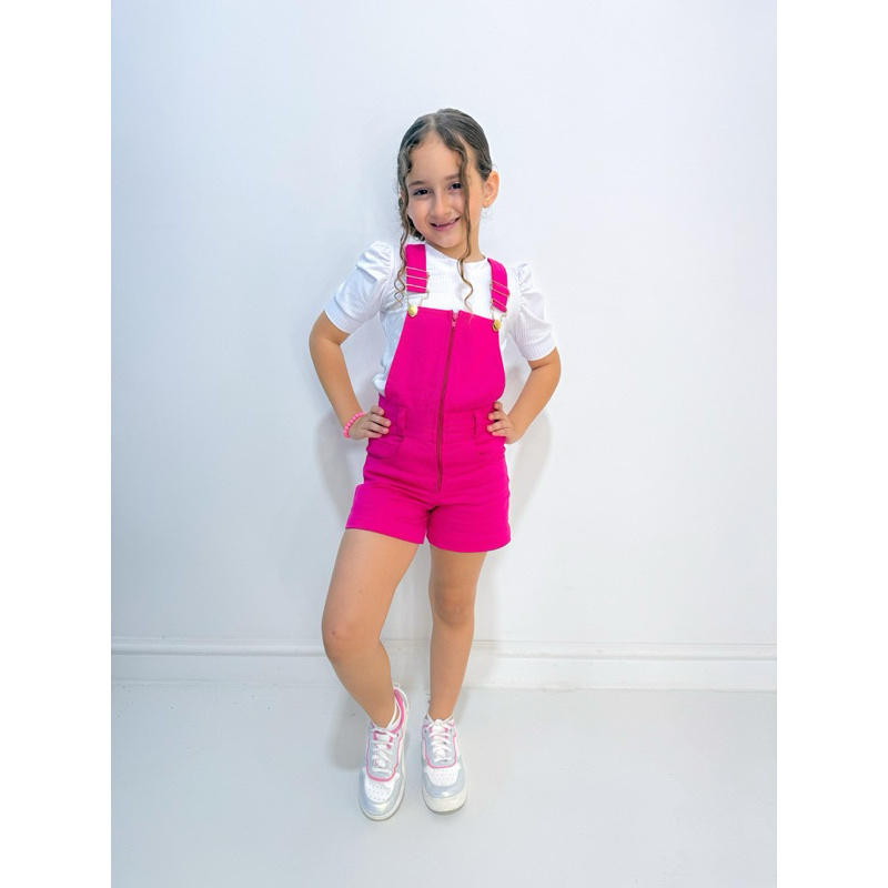 Jardineira short macacao infantil menina jeans Blogueirinha Diva rosa pink