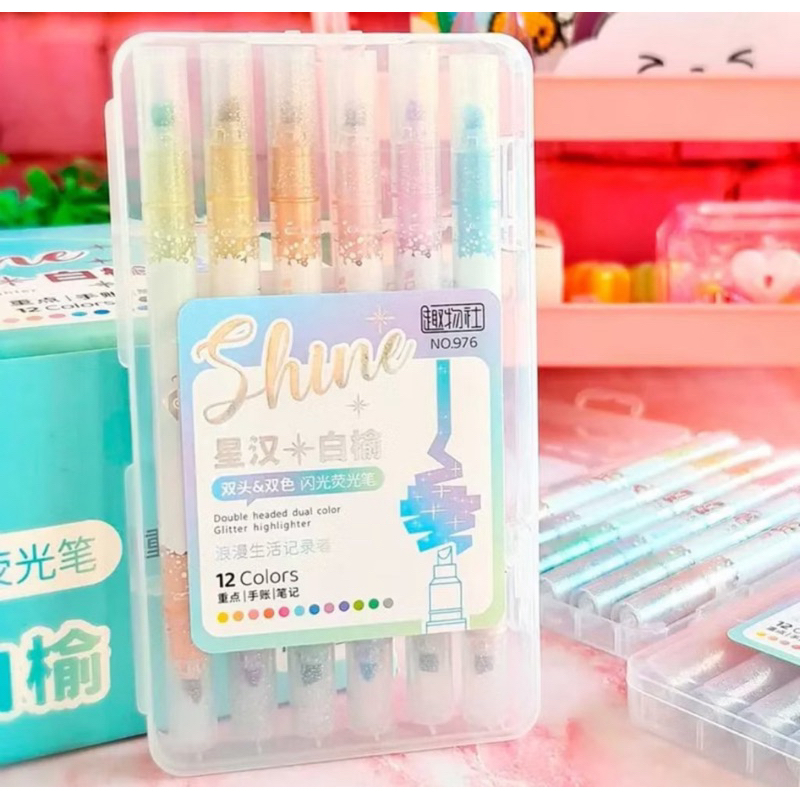 Kit com 6 canetas marca texto com glitter ponta dupla! em Oferta na Shopee