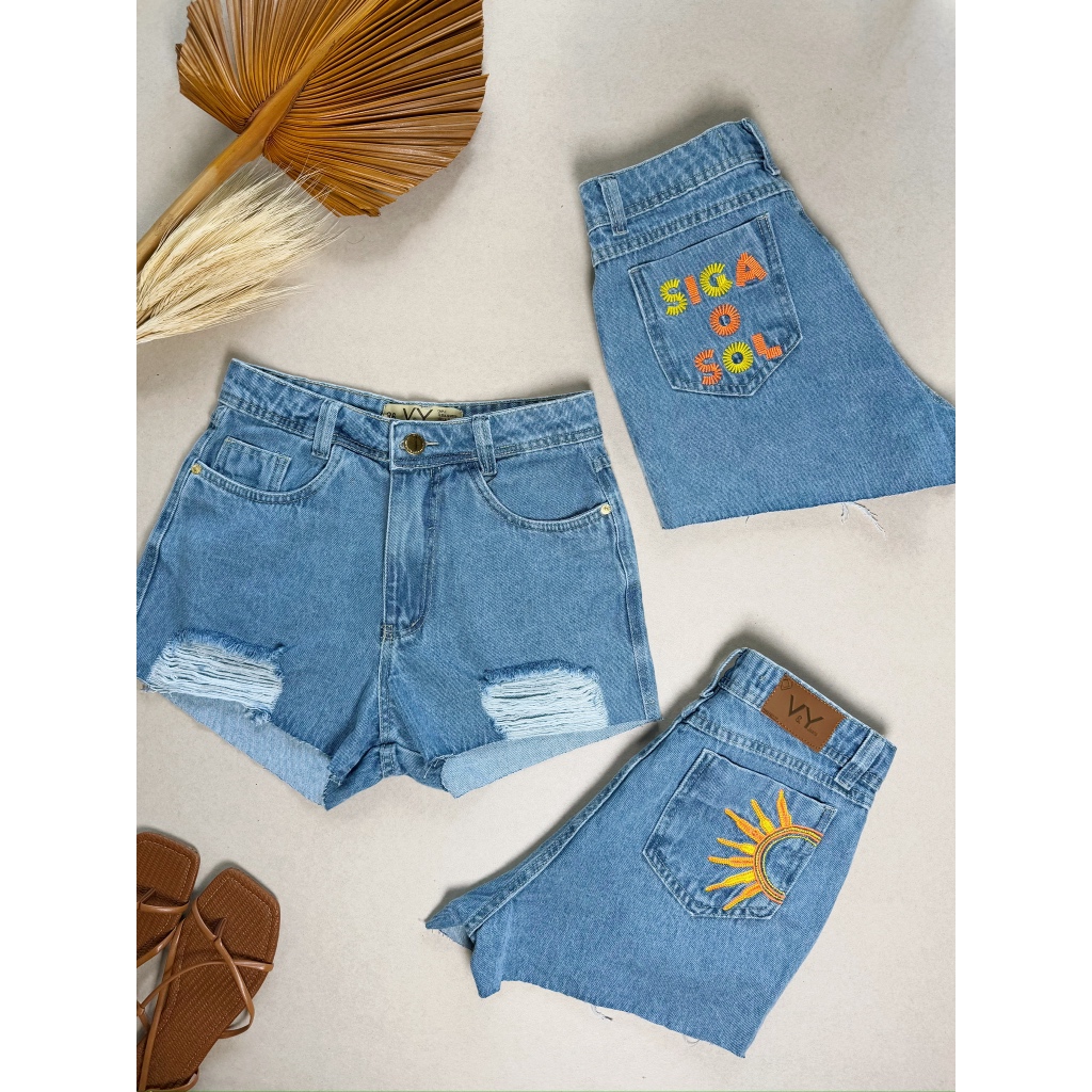 Short Jeans Feminino Bordado Bolso Traseiro Siga o Sol Com Bolso em Oferta na Shopee