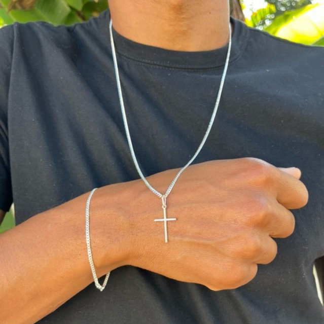 kit conjunto de corrente cordão grumet 70cm 2mm + pulseira 21cm + pingente Cruz palito liso top prata italiana 925 pura em Oferta na Shopee
