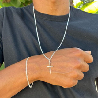 kit conjunto de corrente cordão grumet 70cm 2mm + pulseira 21cm + pingente Cruz palito liso top prata italiana 925 pura em Oferta na Shopee