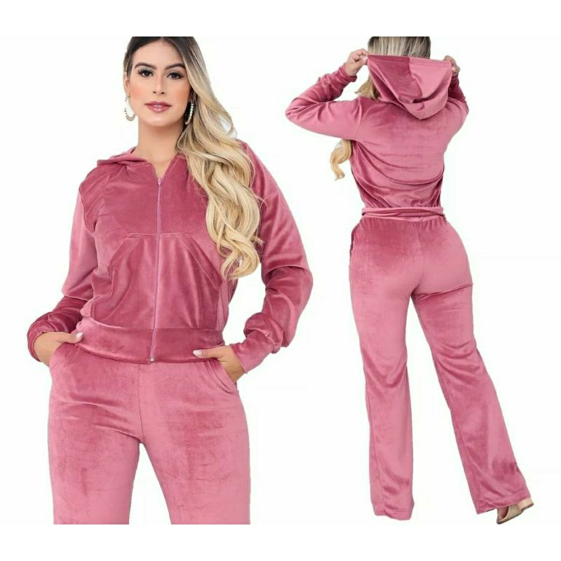 Conjunto Aveludado feminino Plush Capuz com bolso P, M, G, GG