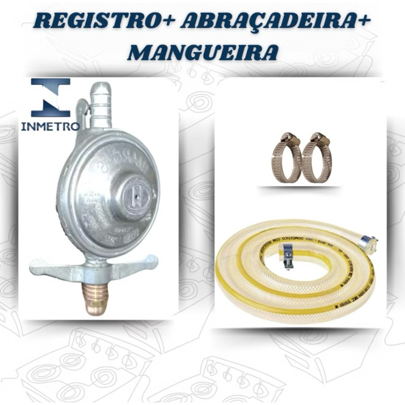Kit Registro Regulador de Gás com Mangueira + Abraçadeira