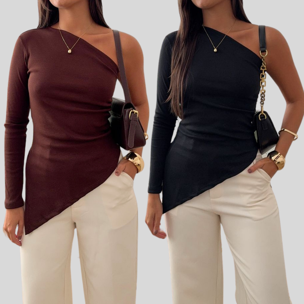 Kit 2 Blusas Feminina Assimétrica Mula Manca Manga Longa Ribana Premium Básica Moda Casual...