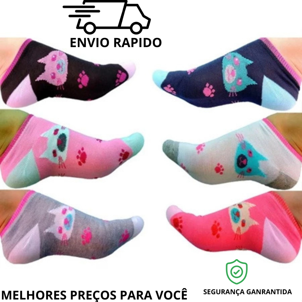 Kit 12 Pares Meia Feminina Soquete Cano Curto Colorida