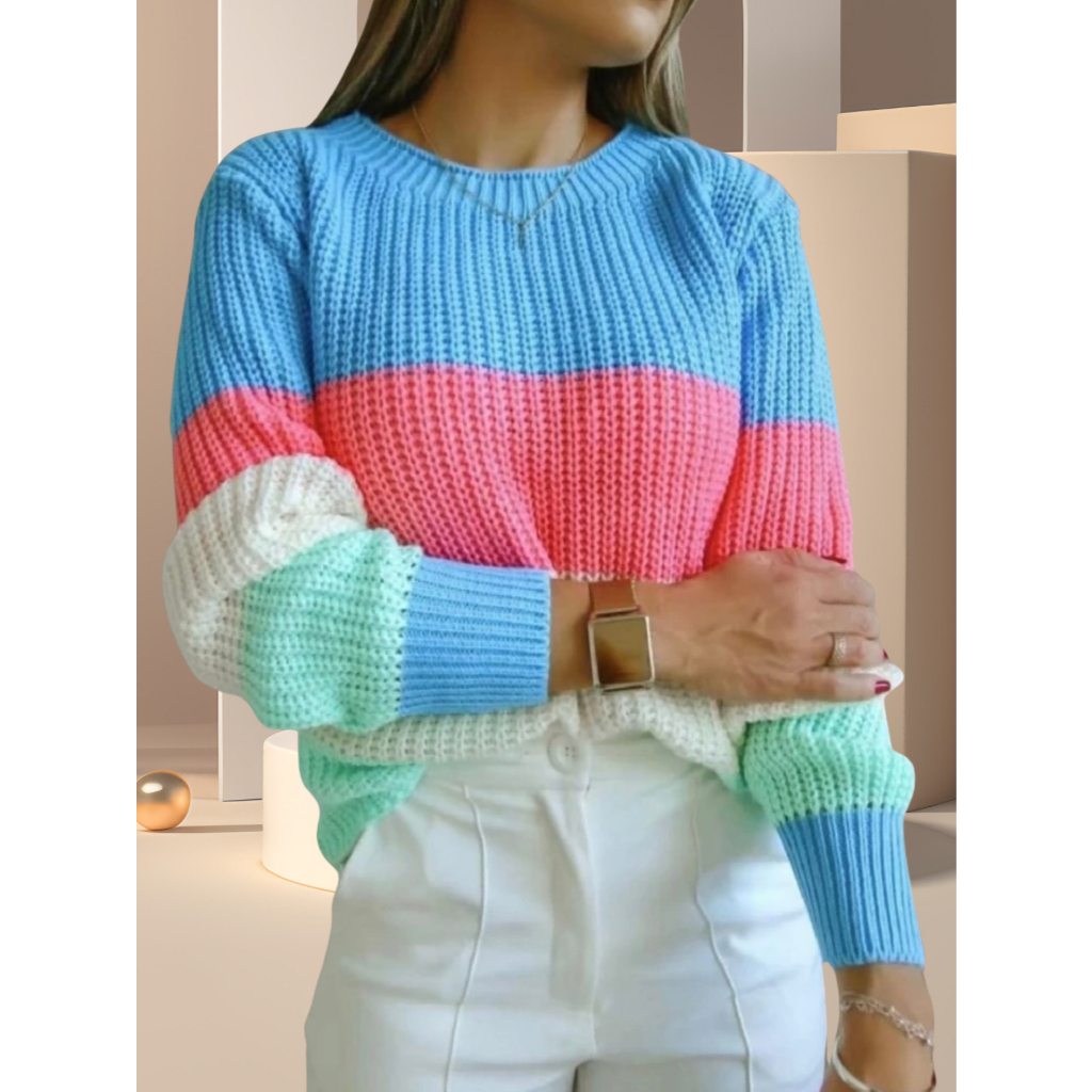 Modas Blusa tricô feminina Inverno manga longa Colorida listrado suéter