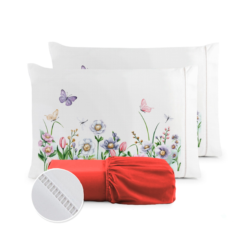Kit Jogo de Lençol Fronha Estampada Ponto Palito Micropercal 400 Fios