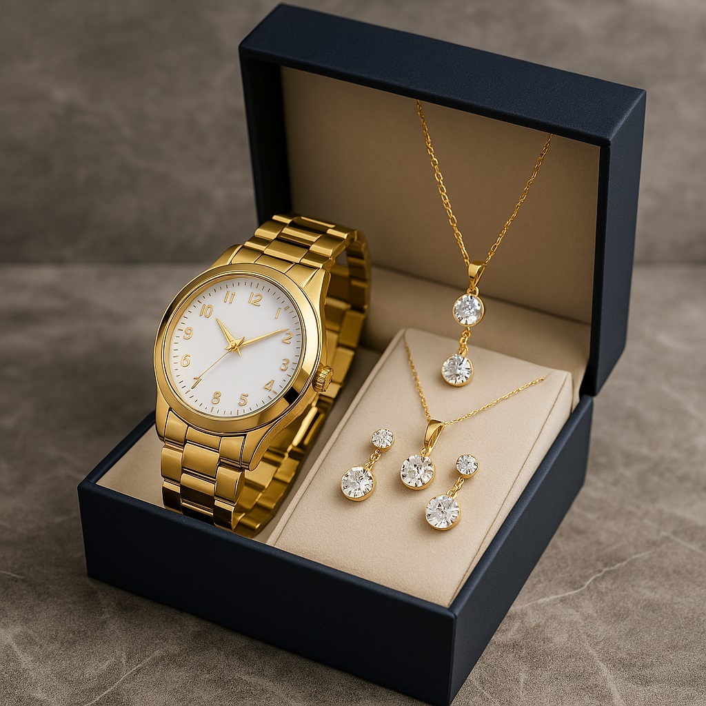 🔥OFERTA🔥 Relógio Feminino + Kit Colar Brincos Folheados A Ouro 18k *