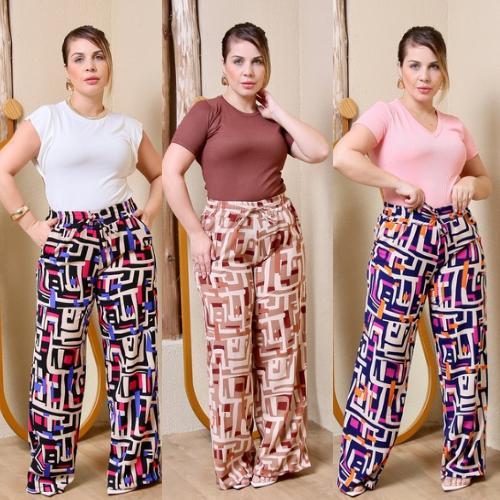Calça Pantalona Feminina Cintura Alta com Elástico na Cintura com Bolso na Frente  Tecido Duna Estampado