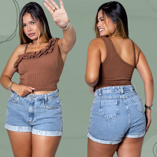 blusinha cropped feminino com bojo e babado e forro em tecido buble em Oferta na Shopee
