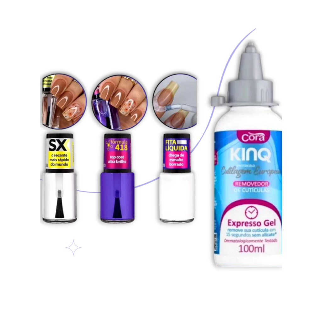 Kit Esmalte Cora: Fita Líquida + SX Secante Ultra Rápido +Fórmula 418 Top Coat Kinq Removedor- Esmalte