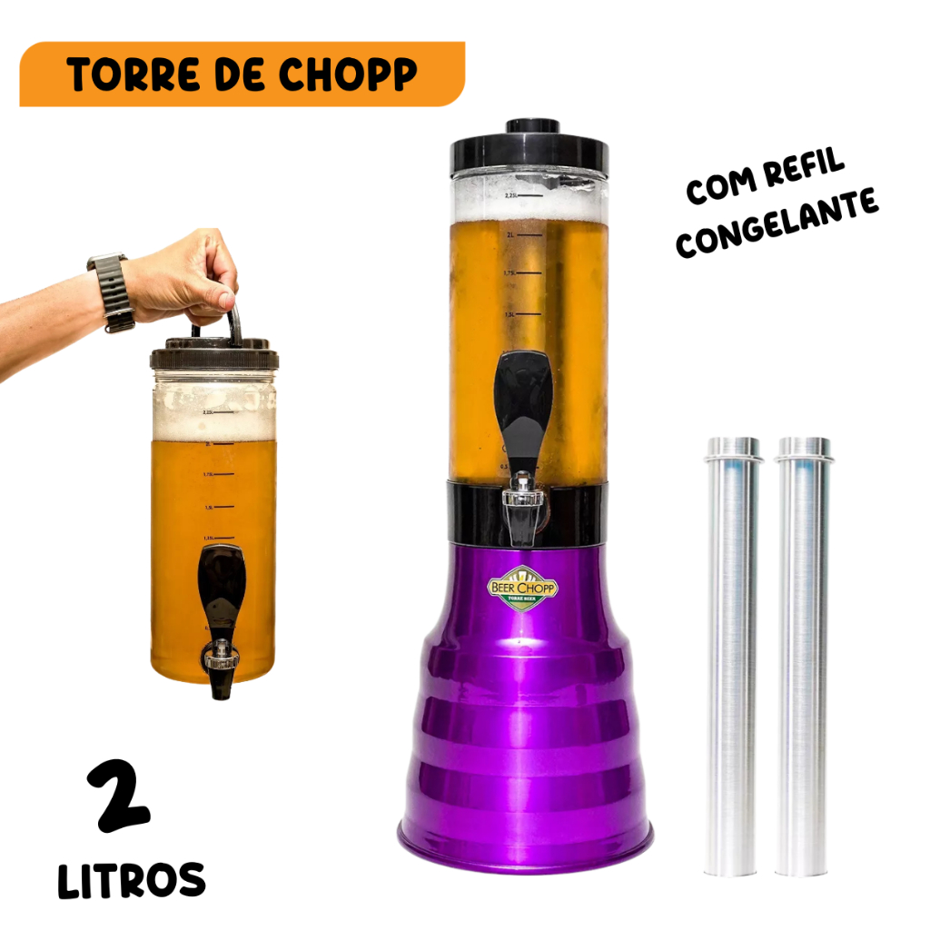 Torre de Chopp 2 Litros Tubo Congelante  torneira Italiana Beer Chopeira Bebidas Geladas Happy Hour