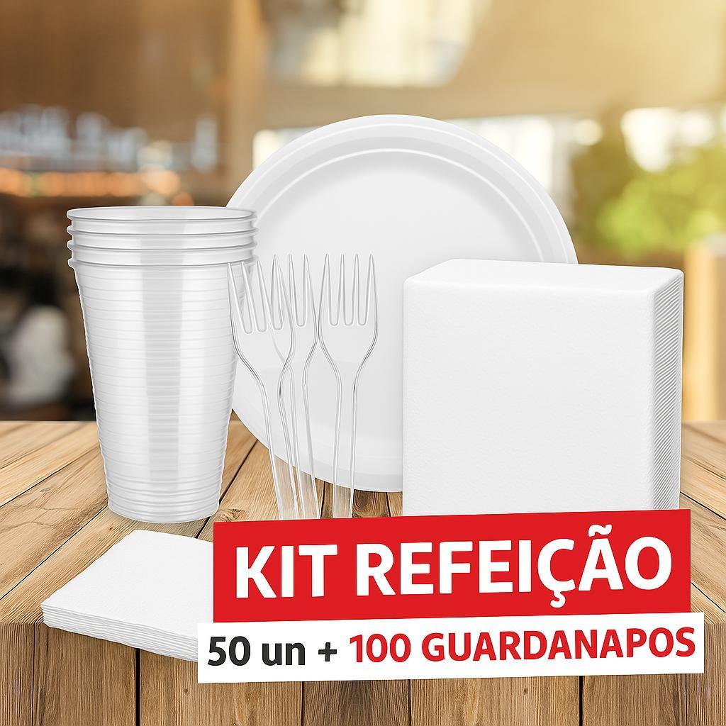 50~100 Unidades - Kit Descartável para Refeição [Copo, Prato, Garfo e Guardanapo] Festas e Churrasco