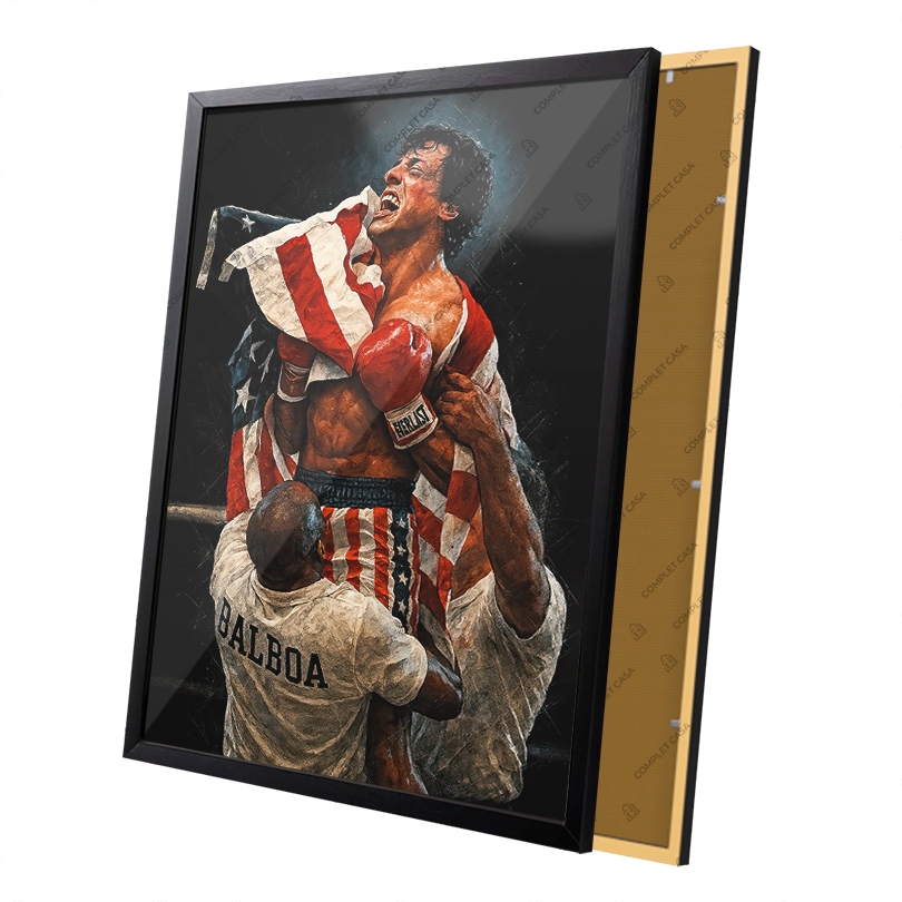 Quadro Pintura Lutador Lenda do Box Balboa Campeão do Ringue Rocky Moldura e Vidro