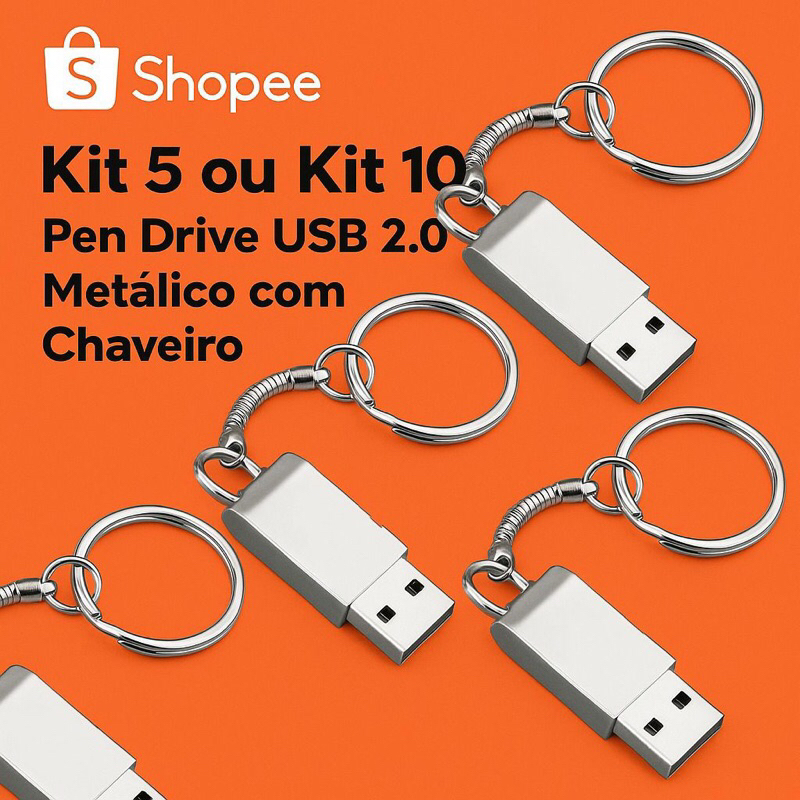 Kit 5 ou Kit 10 Pen Drive USB 2.0 Metálico com Chaveiro –8GB 16GB 32GB 64GB Alta Velocidade p/ Celular e Notebook