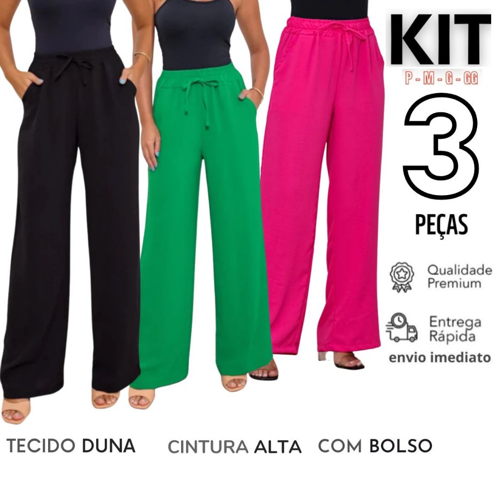 Kit 3 Calça Pantalona Duna Cintura Alta Com Bolso PROMOÇÃO