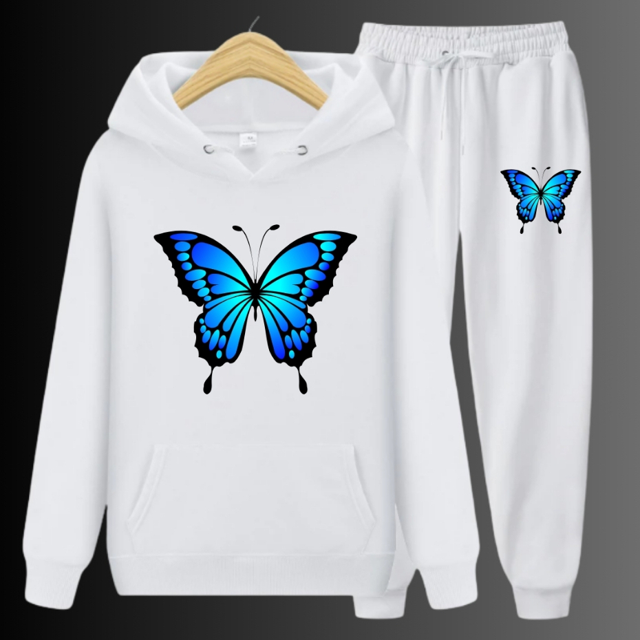 Conjunto Moletom Feminino Moletom Canguru Calça Moletom Borboletas Azul Minimalista Algodão Inverno
