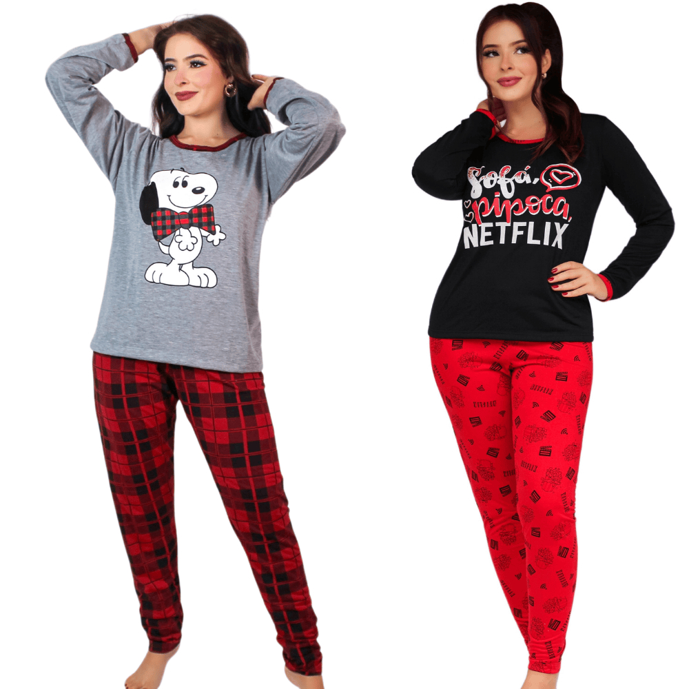 Pijama Feminino Inverno Frio Longo Estampado Netflix Snoopy Divertido/ Pijama Feminino Longo  Estampado Plus Size