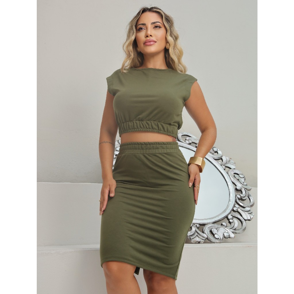 Conjunto Feminino Gabriela 2 peças PREMIUM crooped e saia moletinho