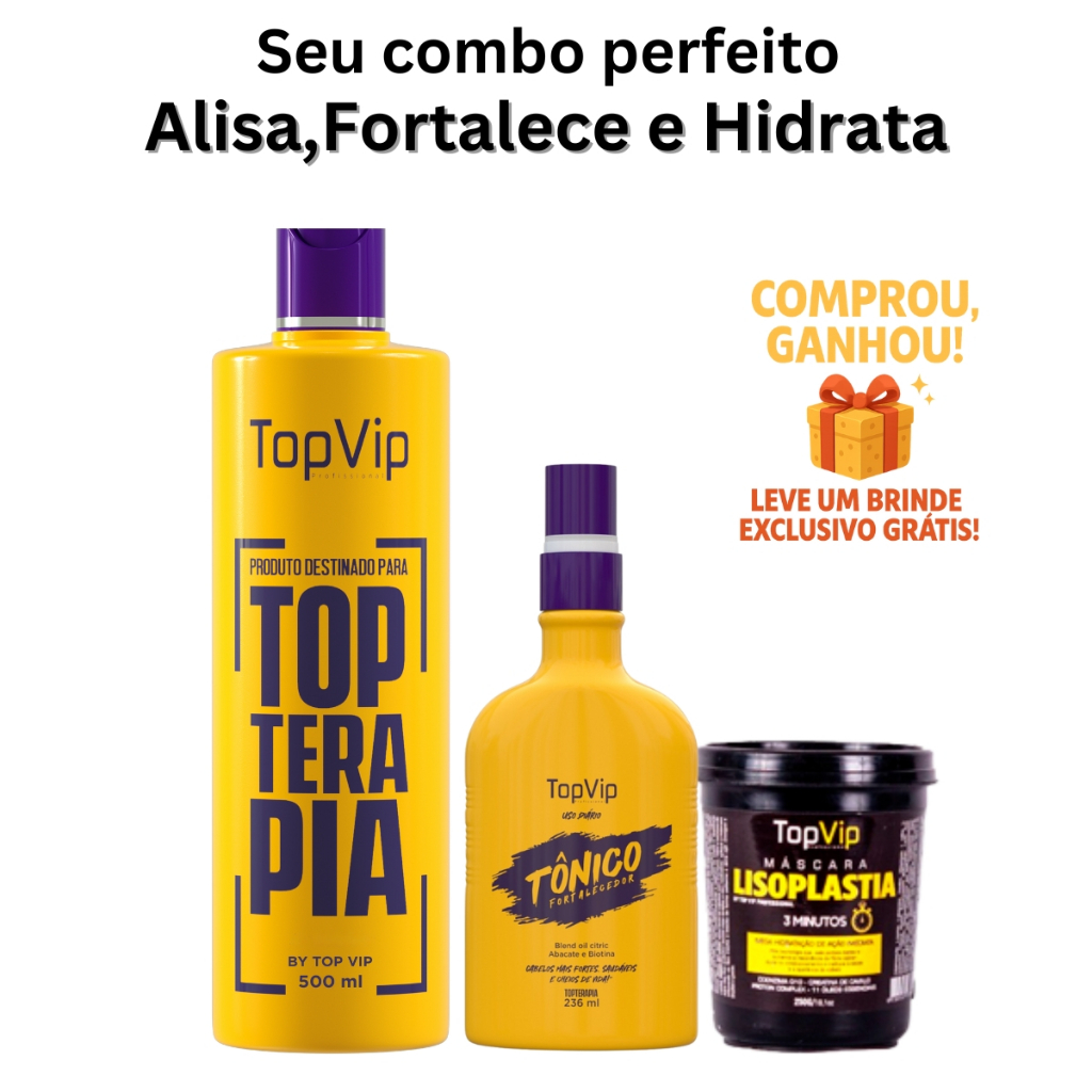 Combo TopVip Alisamento Reconstrução Capilar Progressiva Orgânica Sem Formol + Tônico Crescimento + Máscara Efeito Teia