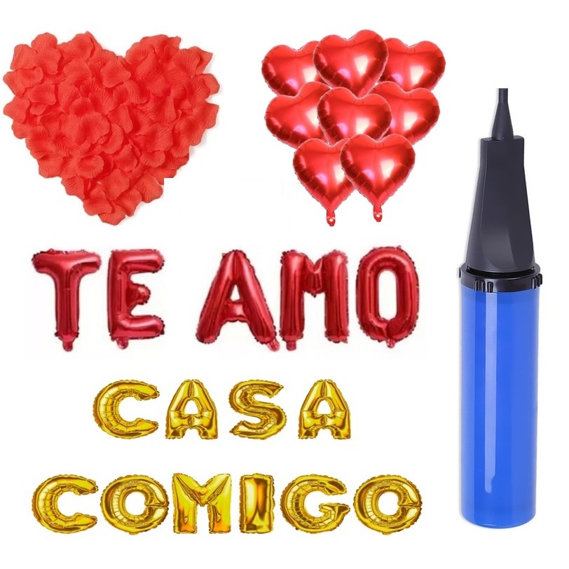500 pétalas + 20 Balão Coração + Te Amo + Casa Comigo + Fiitilho + Adesivo Cola Balão + Bomba de Ar