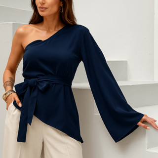 Blusa Elegante Nula Manca Amarração na Frente Manga Sino Tendencia Trabalho Manga Longa em Oferta na Shopee