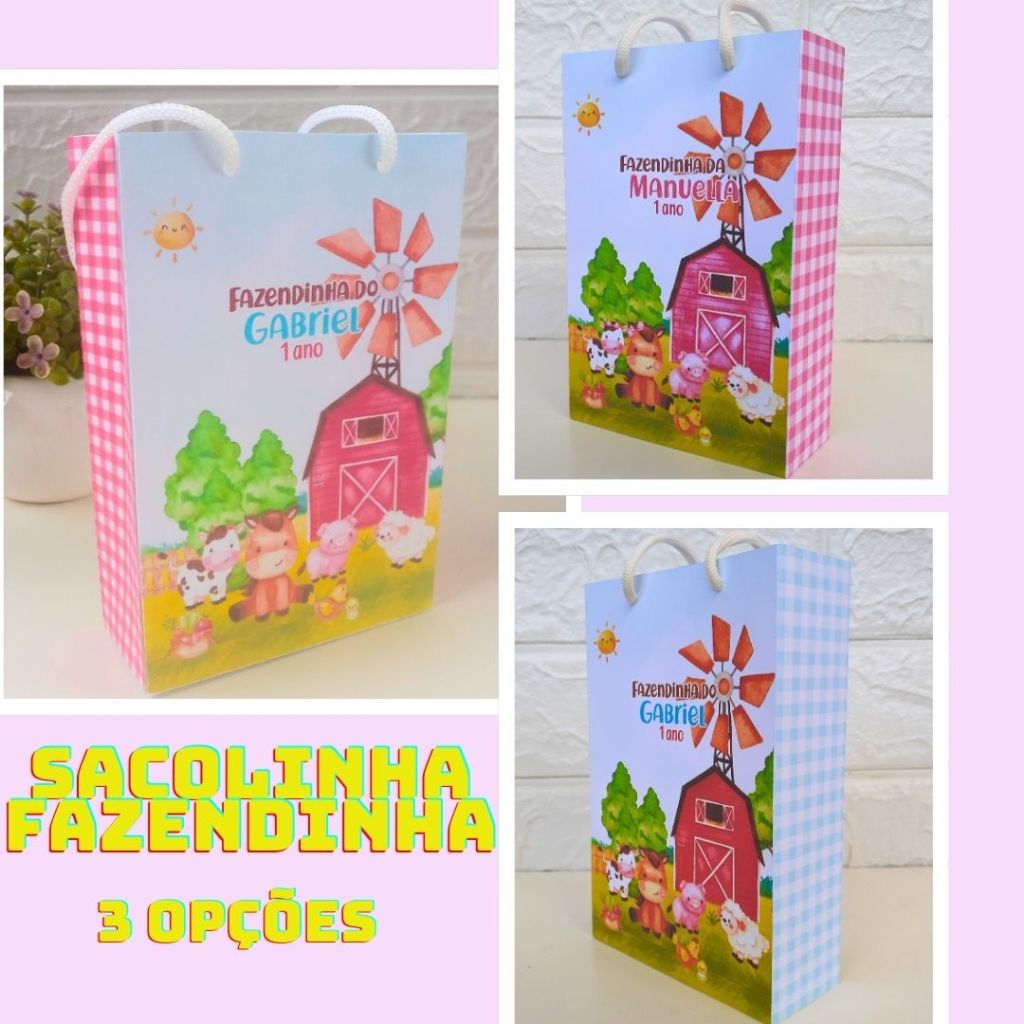 Sacolinha Surpresa Personaliza P Festa Aniversário FAZENDINHA vermelha rosa azul menino menina  - PEGUE E MONTE