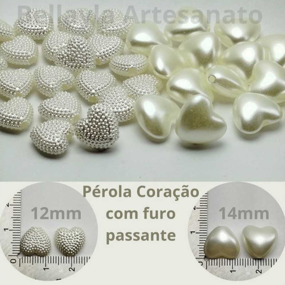 Pérola Coração 50 unidades, 14mm/12mm, ideal para terço, pulseira, colar artesanato.